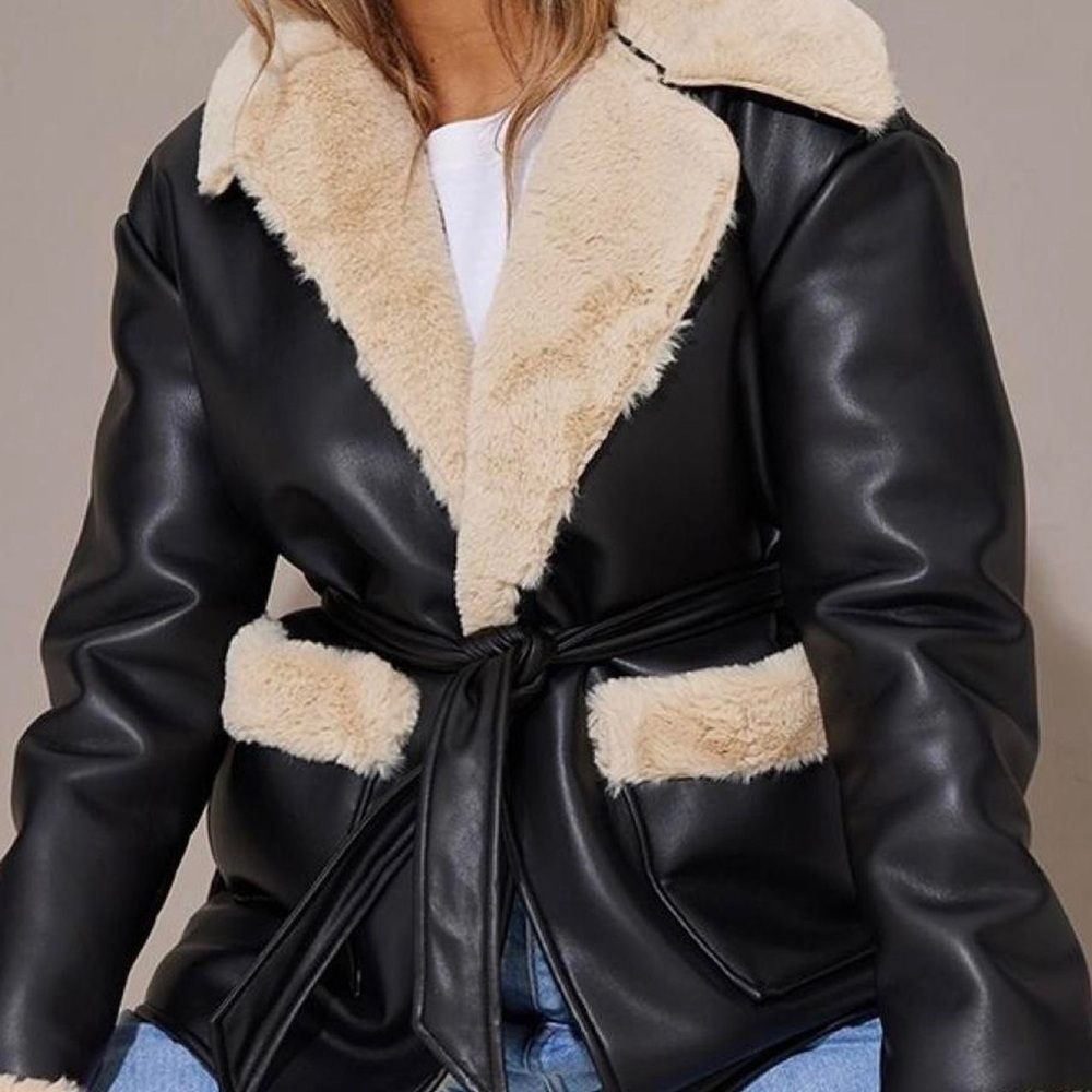 Pretty Little Thing Black Faux Leather Jacket with Cream Fur Trim
